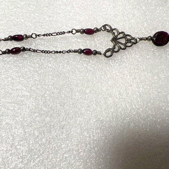Italian Sterling Silver 925 18" Filigree Necklace Garnet Cabochon Drop KM Maker - Picture 10 of 14